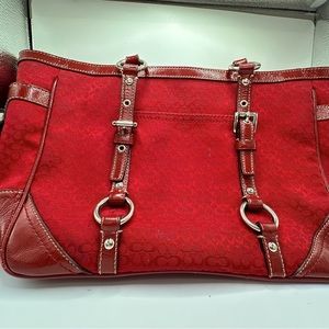 Red sateen and leather Coach purse. Excellent condition!